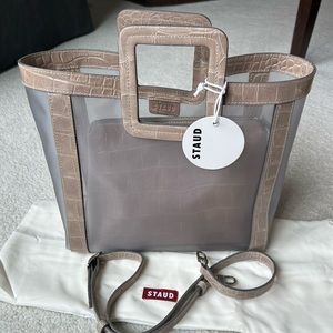 NWT Staud Shirley mesh tote bag French gray crocodile